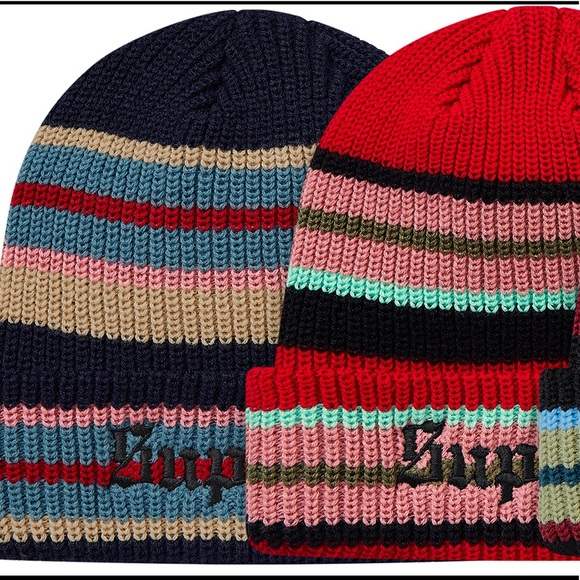 💯AUTHENTIC NWT RARE SUPREME BRIGHT STRIPE BEANIE-Navy! - Picture 8 of 8